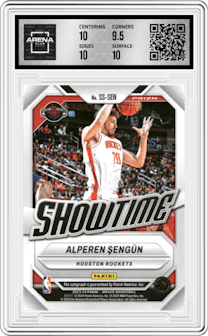 Alperen Sengun from the 2023-24 Panini Mosaic set featuring a White Mosaic parallel and given an overall grade of 10.