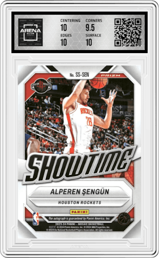 Alperen Sengun from the 2023-24 Panini Mosaic set featuring a White Mosaic parallel graded by Arena Club and given an overall grade of 10.