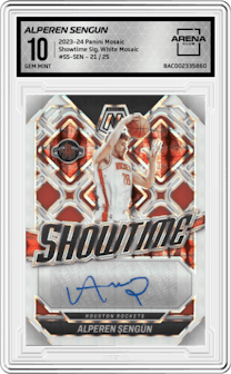 Alperen Sengun from the 2023-24 Panini Mosaic set featuring a White Mosaic parallel and given an overall grade of 10.