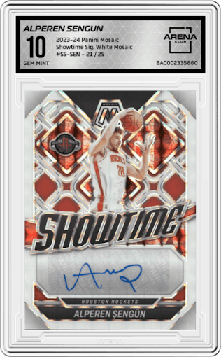 Alperen Sengun from the 2023-24 Panini Mosaic set featuring a White Mosaic parallel graded by Arena Club and given an overall grade of 10.