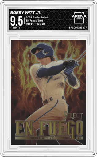 Bobby Witt Jr. from the 2023 Panini Select set featuring a Gold parallel graded by Arena Club and given an overall grade of 9.5.