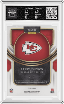 Larry Johnson from the 2023 Panini Select set featuring a Green Prizm parallel graded by Arena Club and given an overall grade of 9.