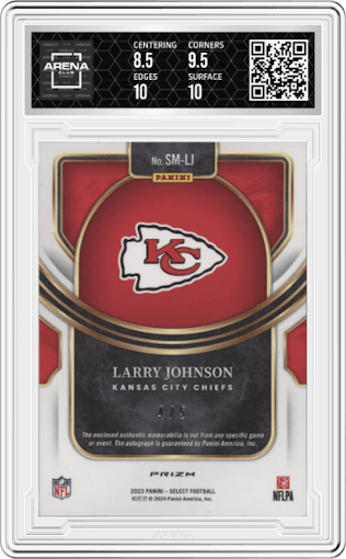 Larry Johnson from the 2023 Panini Select set featuring a Green Prizm parallel graded by Arena Club and given an overall grade of 9.