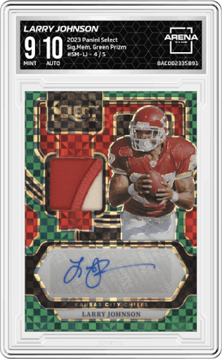 Larry Johnson from the 2023 Panini Select set featuring a Green Prizm parallel graded by Arena Club and given an overall grade of 9.