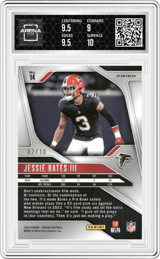 Jessie Bates III from the 2024 Panini Prizm set featuring a Choice Gold parallel graded by Arena Club and given an overall grade of 9.5.