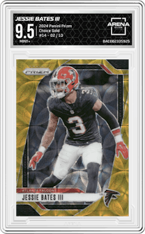 Jessie Bates III from the 2024 Panini Prizm set featuring a Choice Gold parallel graded by Arena Club and given an overall grade of 9.5.