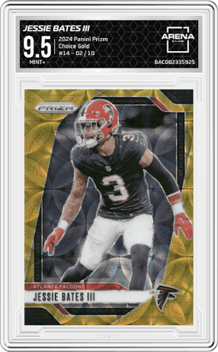 Jessie Bates III from the 2024 Panini Prizm set featuring a Choice Gold parallel graded by Arena Club and given an overall grade of 9.5.