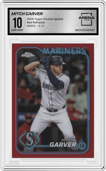 Mitch Garver from the 2024 Topps Chrome Update set featuring a Red Refractor parallel graded by Arena Club and given an overall grade of 10.