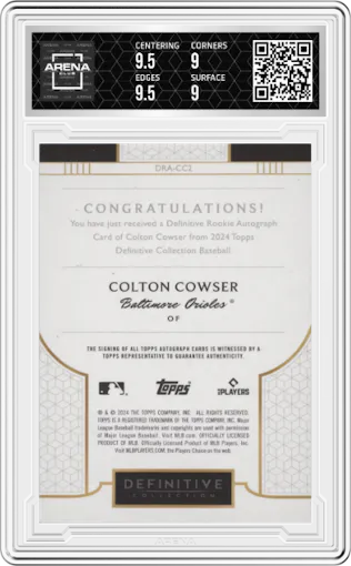 Colton Cowser from the 2024 Topps Definitive Collection set featuring a Green parallel graded by Arena Club and given an overall grade of 9.5.