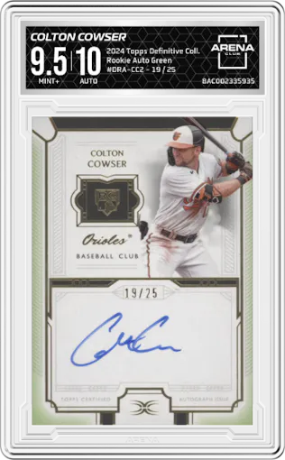 Colton Cowser from the 2024 Topps Definitive Collection set featuring a Green parallel graded by Arena Club and given an overall grade of 9.5.