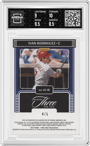 Ivan Rodriguez from the 2022 Panini Three & Two set featuring a Emerald parallel graded by Arena Club and given an overall grade of 9.
