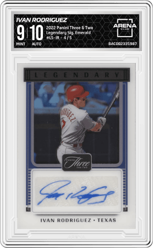 Ivan Rodriguez from the 2022 Panini Three & Two set featuring a Emerald parallel graded by Arena Club and given an overall grade of 9.