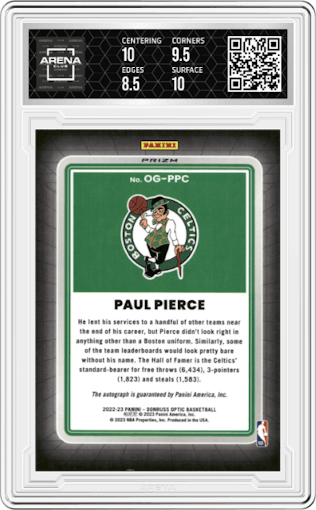 Paul Pierce from the 2022-23 Panini Donruss Optic  set featuring a Green Wave parallel graded by Arena Club and given an overall grade of 9.