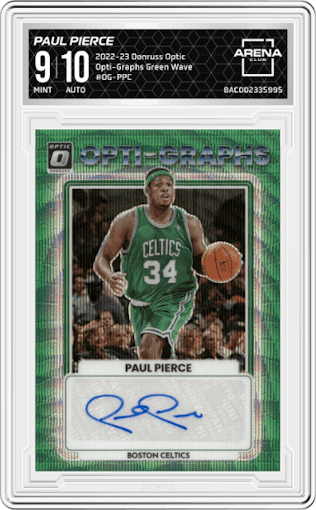Paul Pierce from the 2022-23 Panini Donruss Optic  set featuring a Green Wave parallel graded by Arena Club and given an overall grade of 9.