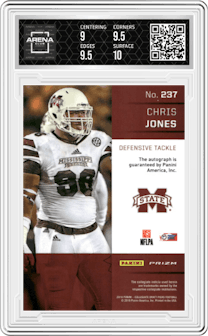 Chris Jones from the 2016 Panini Prizm Collegiate Draft Picks set featuring a Blue Prizms parallel graded by Arena Club and given an overall grade of 9.5.
