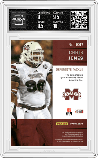 Chris Jones from the 2016 Panini Prizm Collegiate Draft Picks set featuring a Blue Prizms parallel graded by Arena Club and given an overall grade of 9.5.