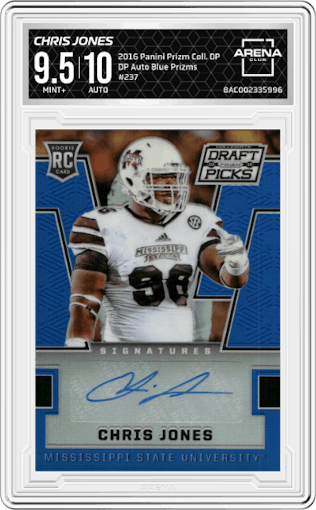 Chris Jones from the 2016 Panini Prizm Collegiate Draft Picks set featuring a Blue Prizms parallel graded by Arena Club and given an overall grade of 9.5.