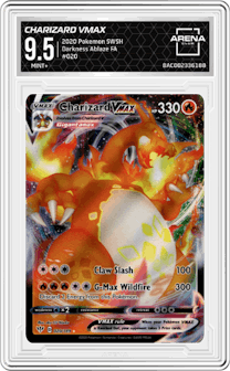 Charizard VMAX from the 2020 Pokemon SWSH set graded by Arena Club and given an overall grade of 9.5.