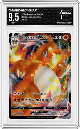 Charizard VMAX from the 2020 Pokemon SWSH set graded by Arena Club and given an overall grade of 9.5.