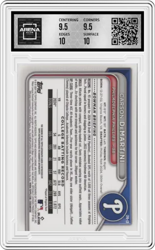 Carson DeMartini from the 2024 Bowman Draft set featuring a Purple Refractor parallel graded by Arena Club and given an overall grade of 10.