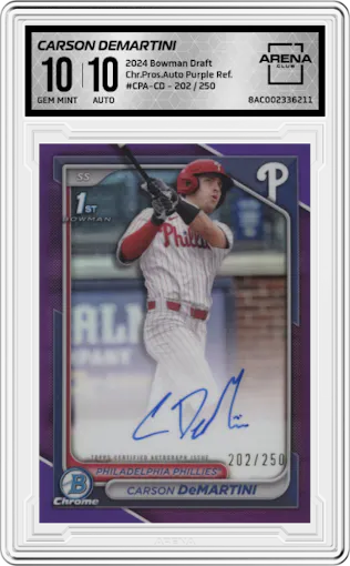 Carson DeMartini from the 2024 Bowman Draft set featuring a Purple Refractor parallel graded by Arena Club and given an overall grade of 10.