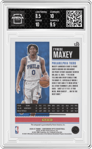 Tyrese Maxey from the 2020-21 Panini Contenders Optic set graded by Arena Club and given an overall grade of 9.