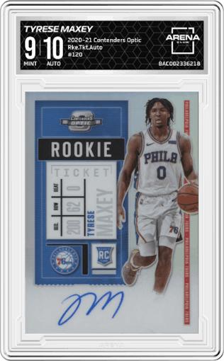 Tyrese Maxey from the 2020-21 Panini Contenders Optic set graded by Arena Club and given an overall grade of 9.