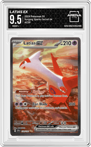 Latias ex from the 2024 Pokemon SV set graded by Arena Club and given an overall grade of 9.5.