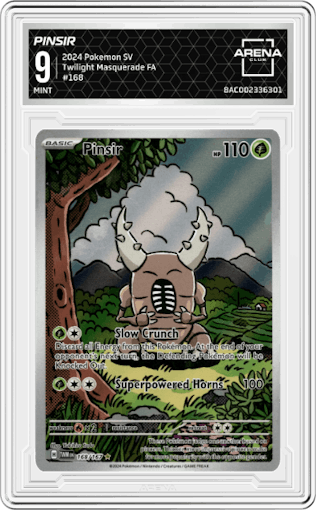 Pinsir from the 2024 Pokemon SV set graded by Arena Club and given an overall grade of 9.