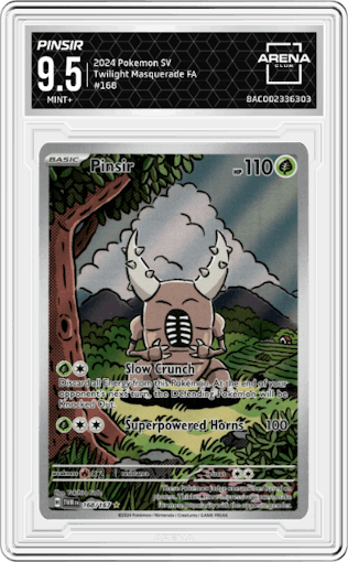 Pinsir from the 2024 Pokemon SV set graded by Arena Club and given an overall grade of 9.5.