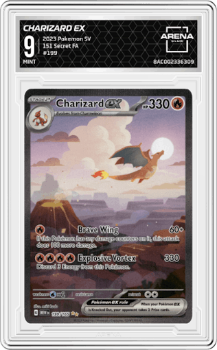 Charizard ex from the 2023 Pokemon SV set graded by Arena Club and given an overall grade of 9.