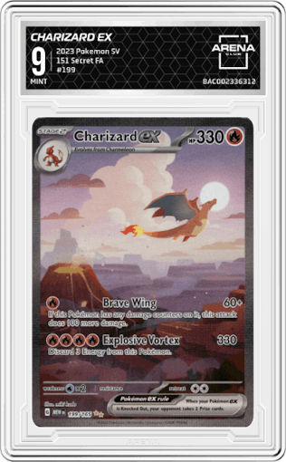 Charizard ex from the 2023 Pokemon SV set graded by Arena Club and given an overall grade of 9.