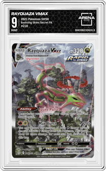 Rayquaza VMAX from the 2021 Pokemon SWSH set graded by Arena Club and given an overall grade of 9.