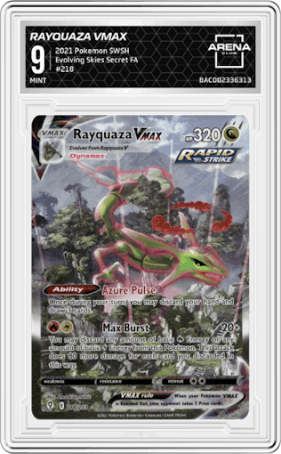 Rayquaza VMAX from the 2021 Pokemon SWSH set graded by Arena Club and given an overall grade of 9.