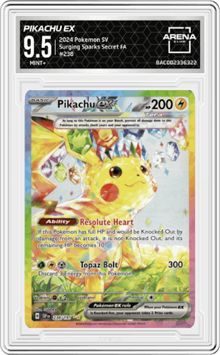 Pikachu ex from the 2024 Pokemon SV set graded by Arena Club and given an overall grade of 9.5.