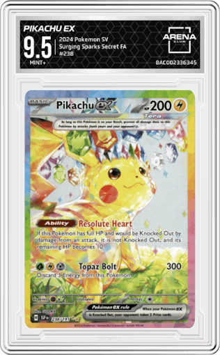 Pikachu ex from the 2024 Pokemon SV set graded by Arena Club and given an overall grade of 9.5.