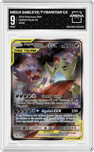Mega Sableye/Tyranitar GX from the 2019 Pokemon S&M  set graded by Arena Club and given an overall grade of 9.
