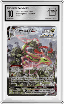 Rayquaza VMAX from the 2021 Pokemon SWSH set graded by Arena Club and given an overall grade of 10.