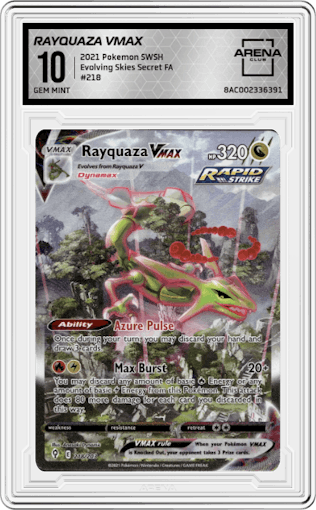 Rayquaza VMAX from the 2021 Pokemon SWSH set graded by Arena Club and given an overall grade of 10.