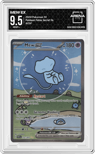 Mew ex from the 2024 Pokemon SV set graded by Arena Club and given an overall grade of 9.5.