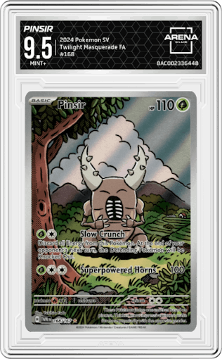Pinsir from the 2024 Pokemon SV set graded by Arena Club and given an overall grade of 9.5.