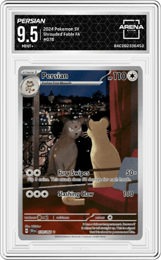 Persian from the 2024 Pokemon SV set graded by Arena Club and given an overall grade of 9.5.