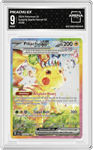Pikachu ex from the 2024 Pokemon SV set graded by Arena Club and given an overall grade of 9.