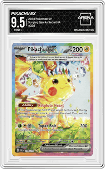 Pikachu ex from the 2024 Pokemon SV set graded by Arena Club and given an overall grade of 9.5.