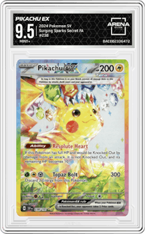 Pikachu ex from the 2024 Pokemon SV set graded by Arena Club and given an overall grade of 9.5.