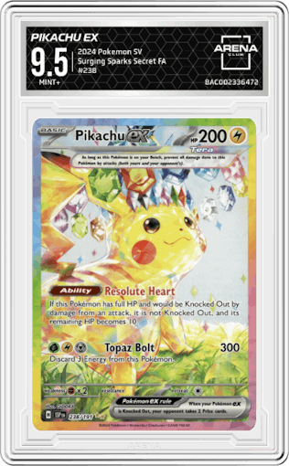 Pikachu ex from the 2024 Pokemon SV set graded by Arena Club and given an overall grade of 9.5.