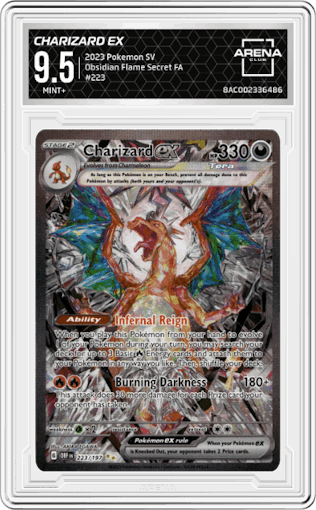 Charizard ex from the 2023 Pokemon SV set graded by Arena Club and given an overall grade of 9.5.