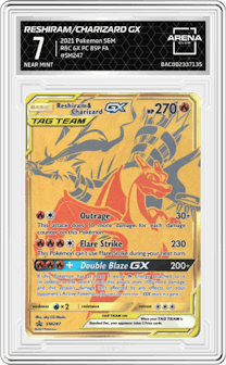 Reshiram/Charizard GX from the 2021 Pokemon S&M set featuring a Reshiram Charizard GX Premium Collection parallel graded by Arena Club and given an overall grade of 7.
