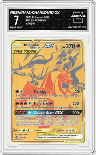 Reshiram/Charizard GX from the 2021 Pokemon S&M set featuring a Reshiram Charizard GX Premium Collection parallel graded by Arena Club and given an overall grade of 7.