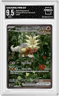Gouging Fire ex from the 2024 Pokemon SV set graded by Arena Club and given an overall grade of 9.5.